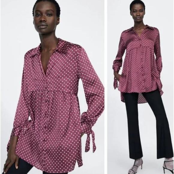 Zara Satin Polka Dot Button Up Tunic Top XS Burgundy Hi Low Tie Sleeve Blouse - Picture 1 of 11